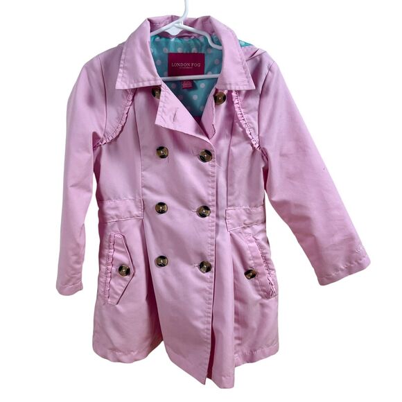 London Fog Girls Trench Coat Pink Sz M 5-6 Polka Dot Hooded Double Breast Ruffle - Picture 1 of 16
